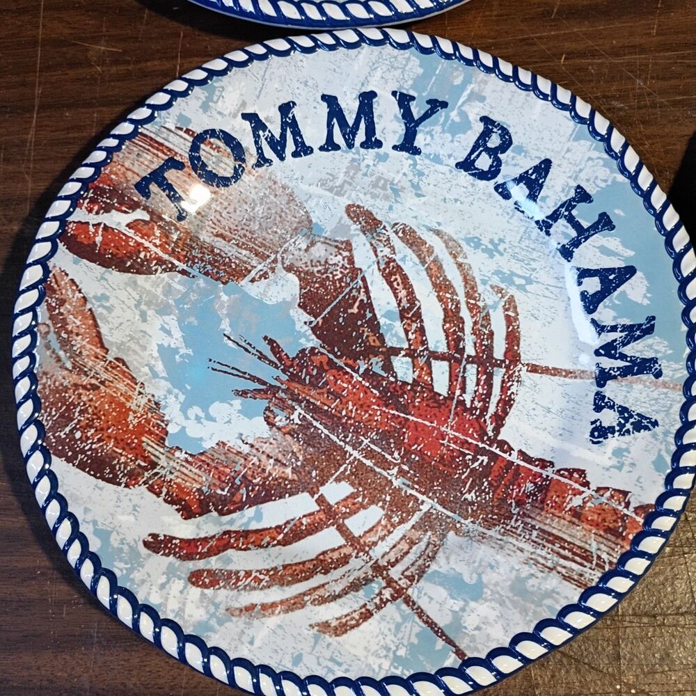 Tommy Bahama Lobster Melamine Dinner Plate Blue Rope Rim Red Lobster Set of 4 - Picture 2 of 3